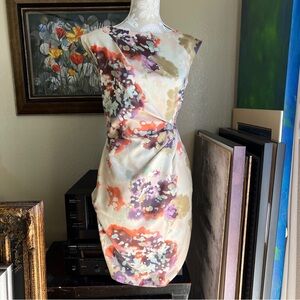 Suzi Chin Cream and Purple Asymmetrical Sheath Mini Dress